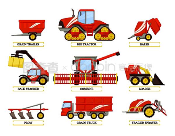 谷物拖车和履带式贝尔,联合式和大型拖拉机分离图标矢量。农场的犁和装载机,压路机和卡车机械设备。谷物拖车和履带式贝尔矢量图示